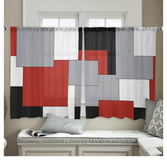 NWOT Sheer Curtains Size 52X63X2” Black Gray Red 2 Panel Drapes - Picture 7 of 8